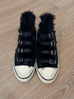 Ash Black Faux-Fur Buckle Sneakers with White Toe Caps